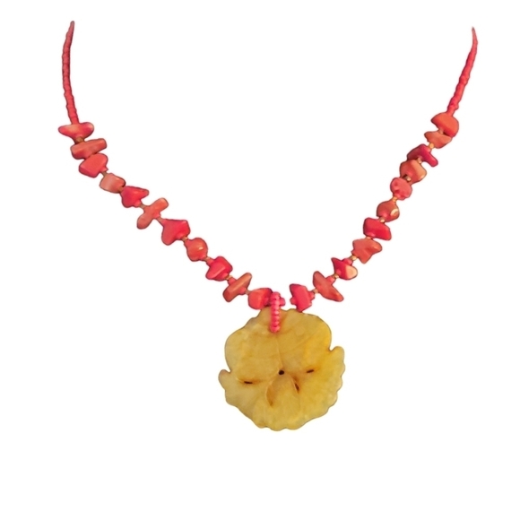 Coral Beaded Necklace with Double Fish  Pendant 19" Adjustable - Picture 1 of 2